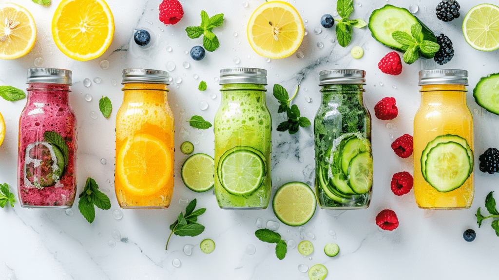 Home page 2 Glass jars filled with colorful detox smoothies and fruit-infused waters lemon, lime, cucumber, berries, and mint on white marble.
