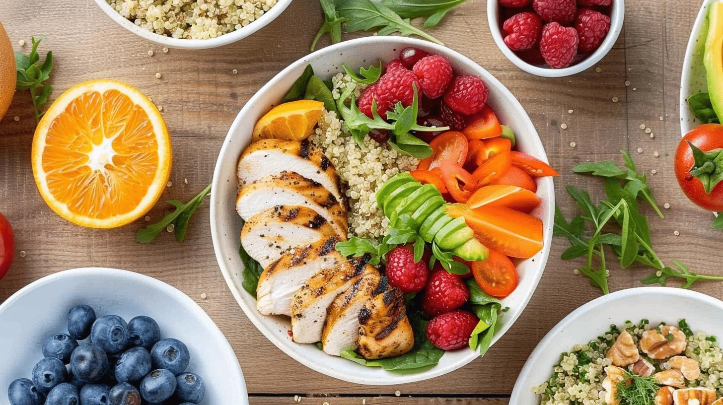 Healthy Meals & Snacks Top view of colorful healthy meals and snacks quinoa salad, grilled vegetables, fruit bowls, and protein bites on a light wooden surface.