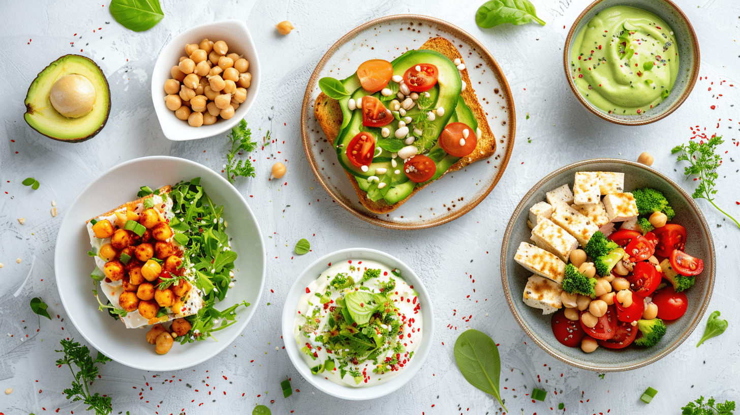 vegan & Plant-Based Recipes Bright vegan dishes avocado toast, tofu bowls, chickpea salad, and green smoothies styled on a clean white table with natural lighting.